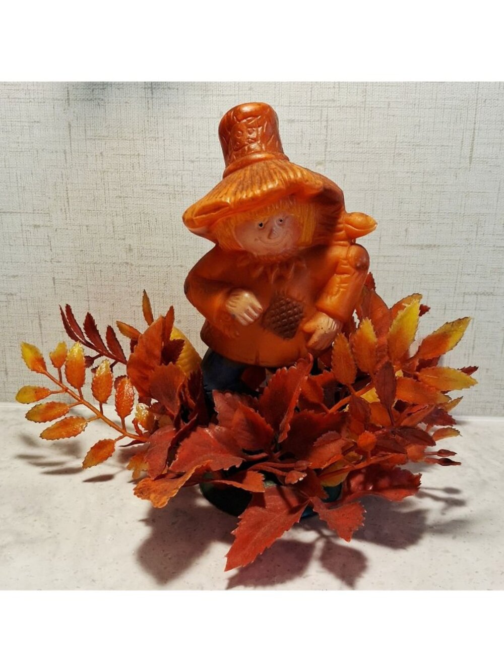 Vintage 70's Blow Mold Scarecrow Figurine with Fall Leaves Corn & Pumpkins